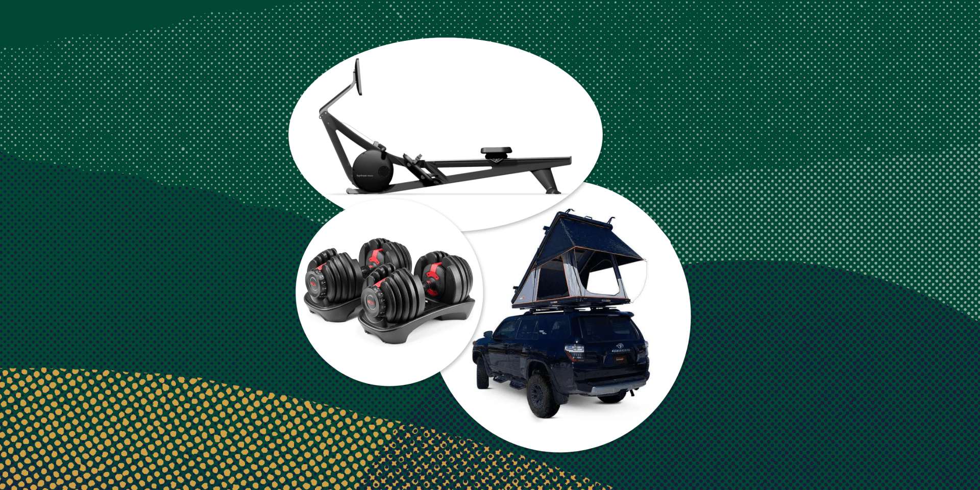 collage of a rowing machine, bowflex weights, and a rooftop tent