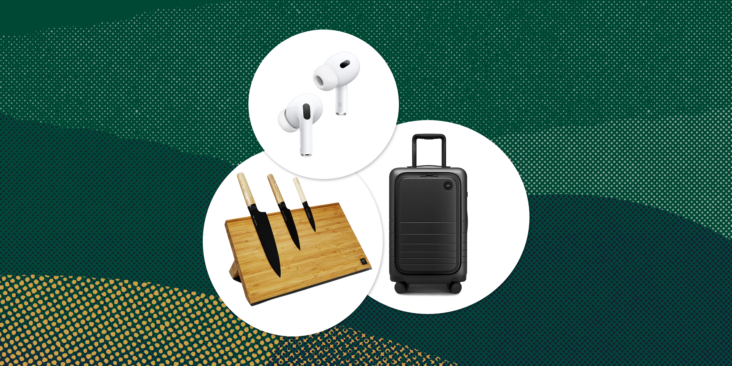collage of airpods, a magnetic knife block, and a suitcase