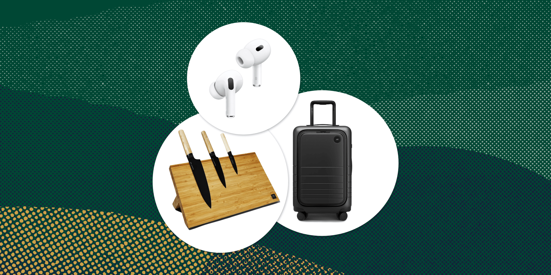 collage of airpods, a magnetic knife block, and a suitcase