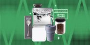 collage of a cupping spoon, espresso maker, scale, collapsible cup, and coffee beans in a glass jar