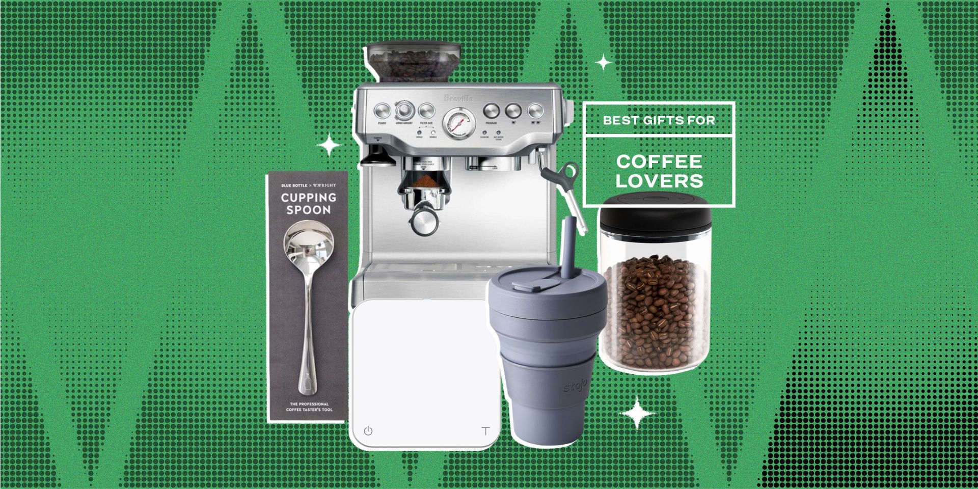 collage of a cupping spoon, espresso maker, scale, collapsible cup, and coffee beans in a glass jar
