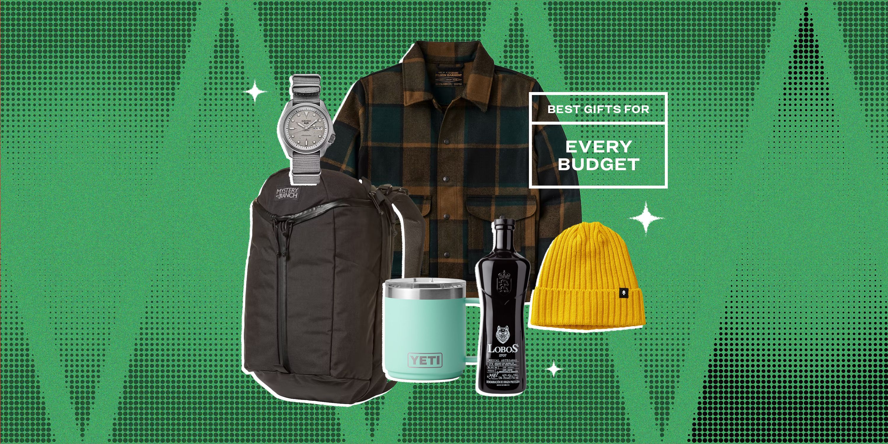 collage of a watch, backpack, flannel, mug, liquor, and beanie hat
