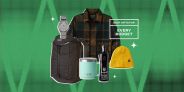 collage of a watch, backpack, flannel, mug, liquor, and beanie hat