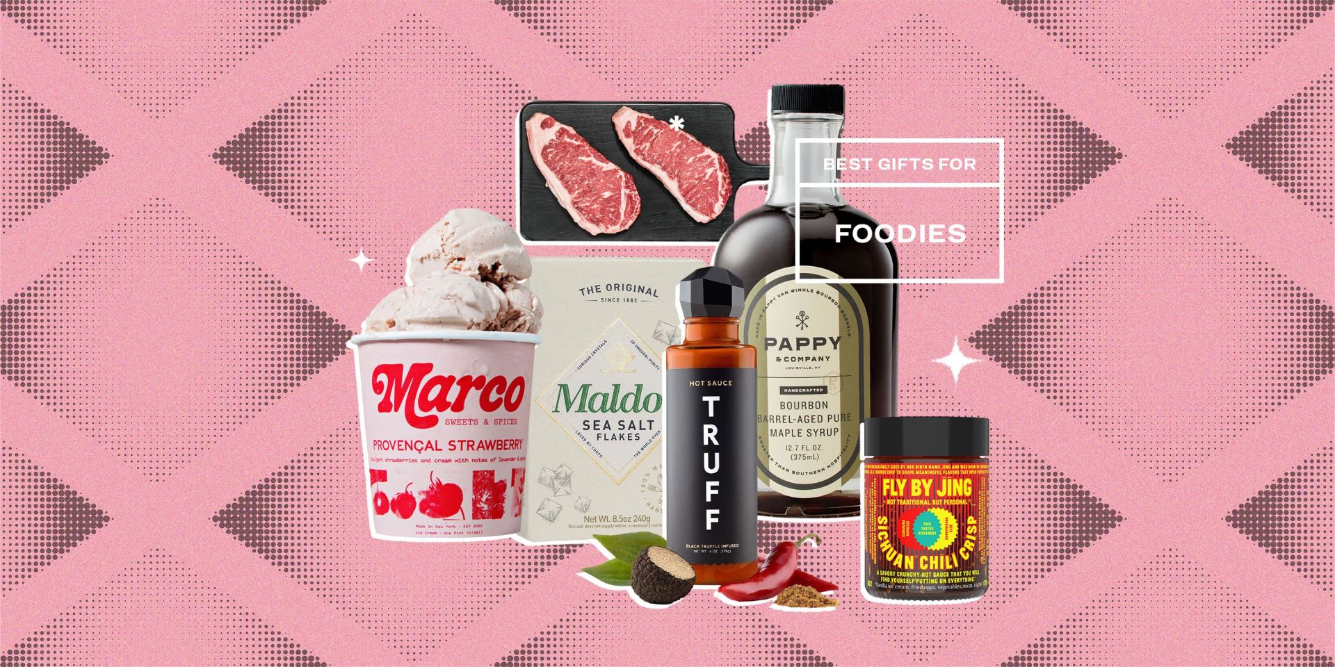 collage of ice cream, meat on a cutting board, sea salt, truffle oil, maple syrup, and chili seasoning