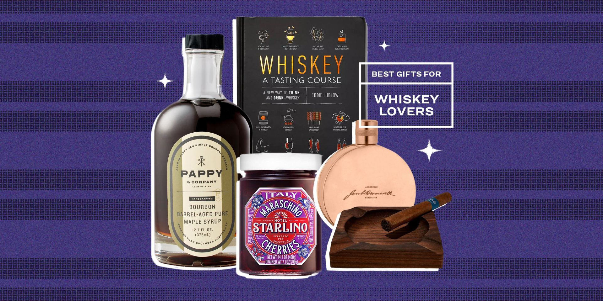 collage of maple syrup, a whiskey book, a jar of cherries, a flask, and an ashtray