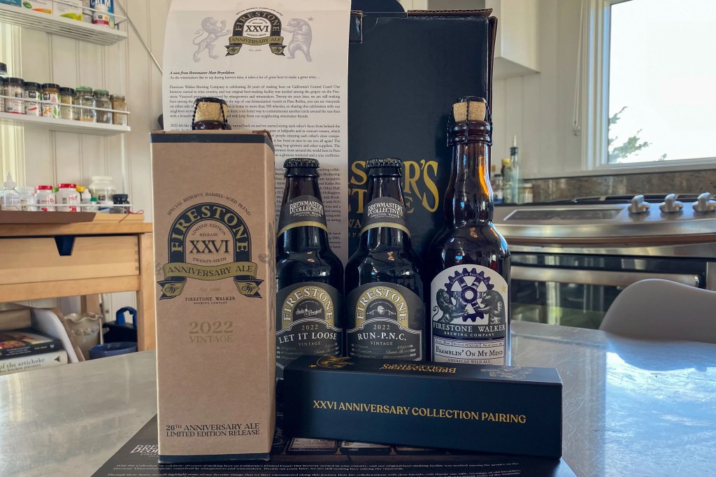 firestone walker anniversary ale and other beer bottle sitting on a counter