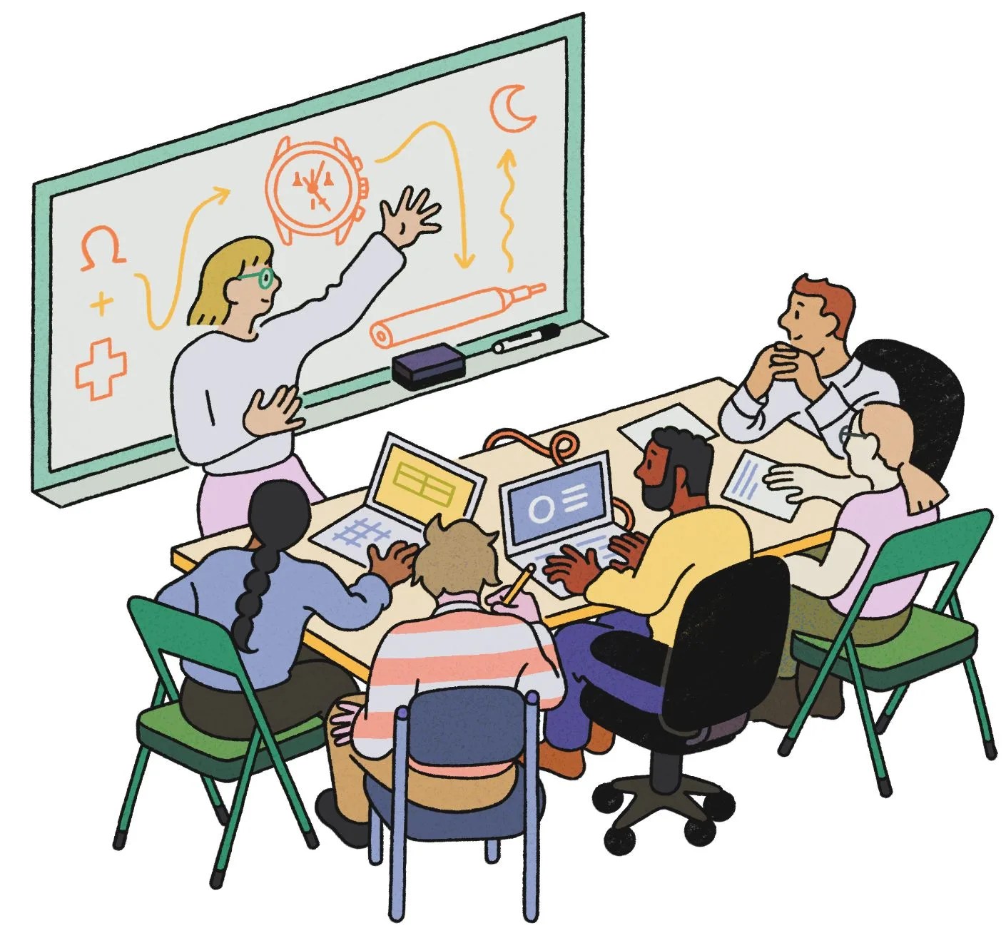 people working on the moonswatch in an office