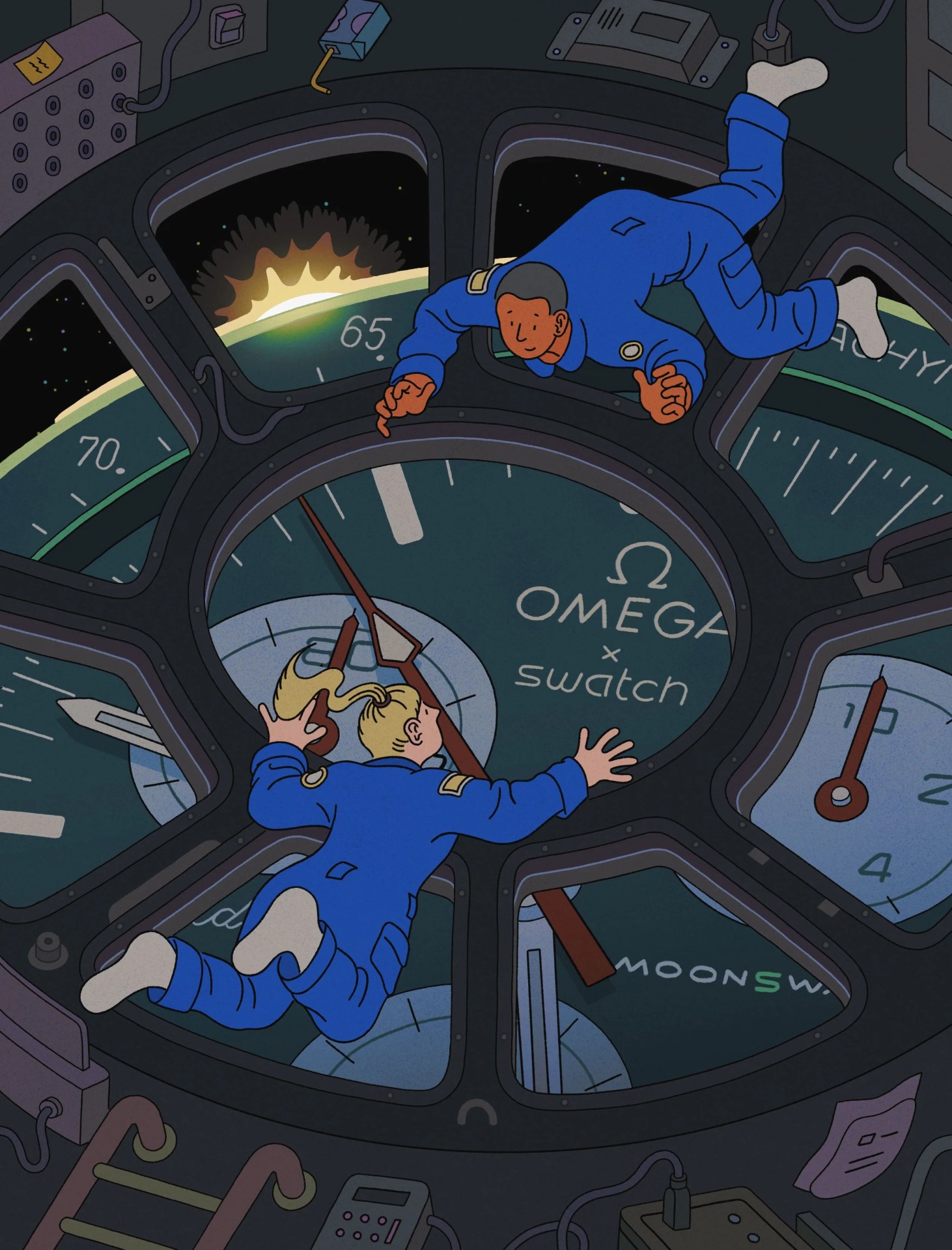 astronauts floating above a moonswatch earth