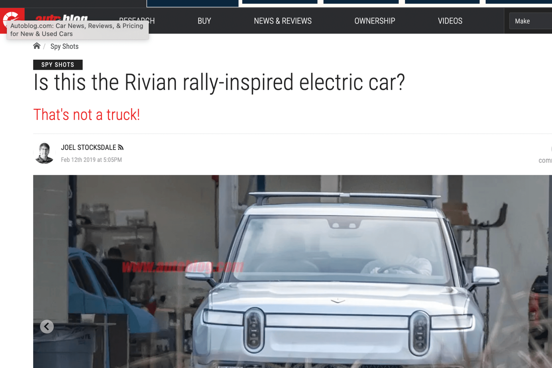 screen grab of autoblog website showing a rivian spy shot