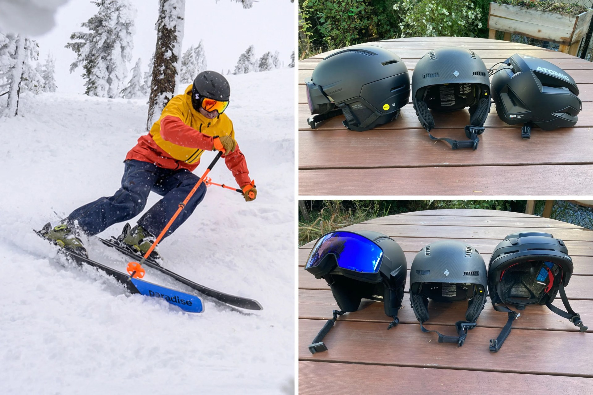 collage of a man skiing and 3 ski helmets on a table