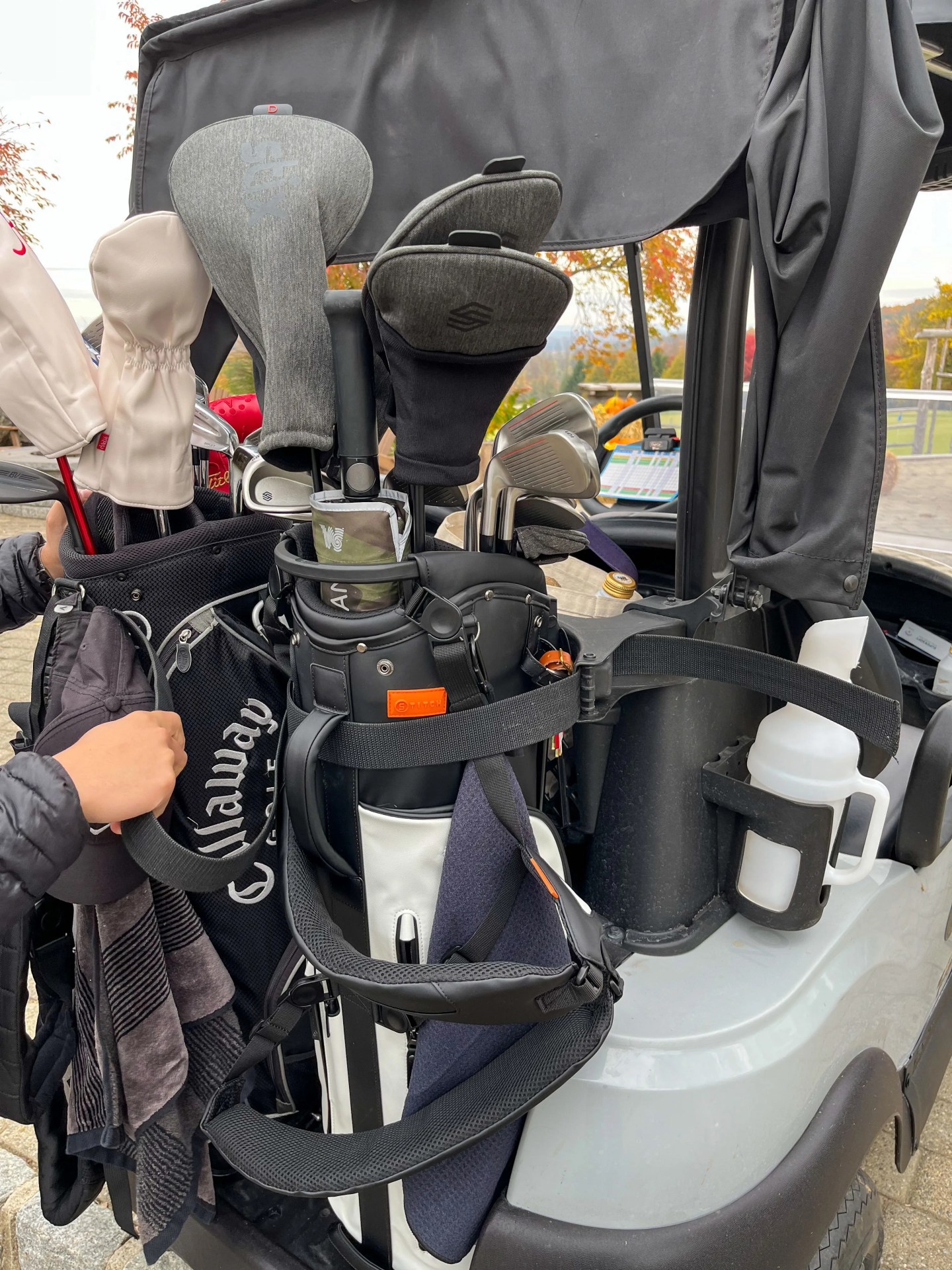 golf clubs in a golf cart