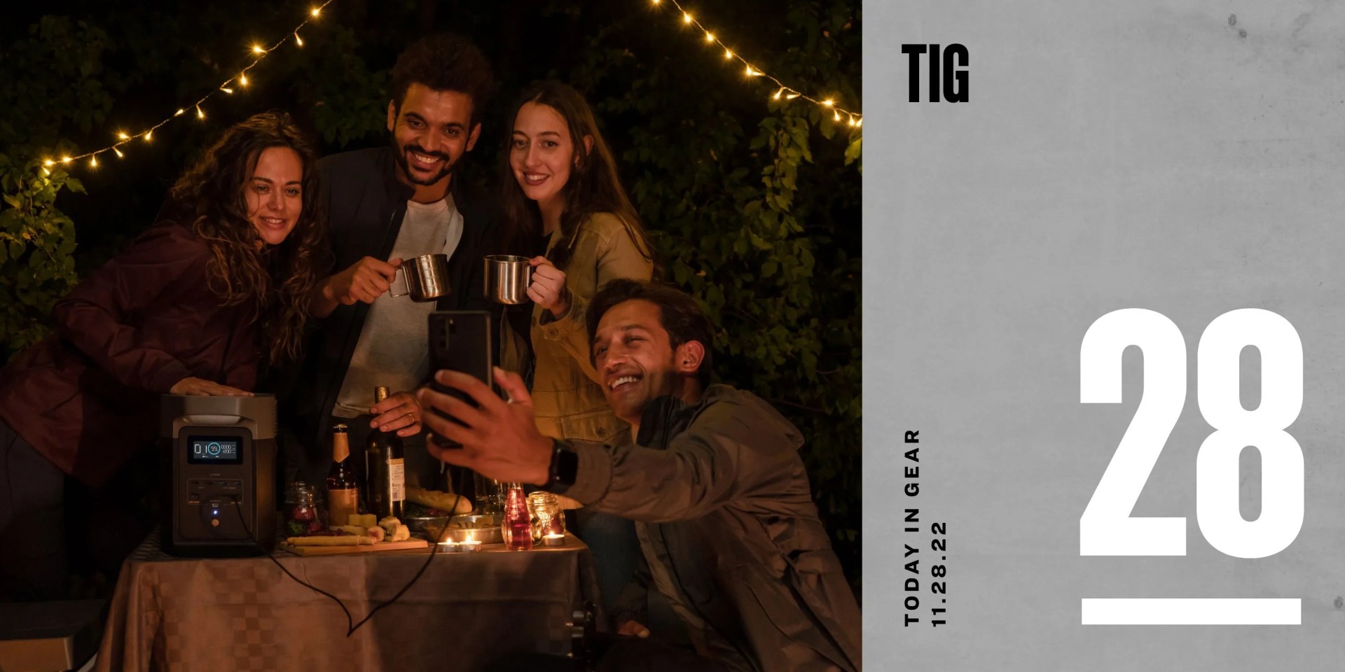 today in gear november 28 2022 a group of people gathered outside taking a selfie using ecoflow delta 2 battery to charge the phone