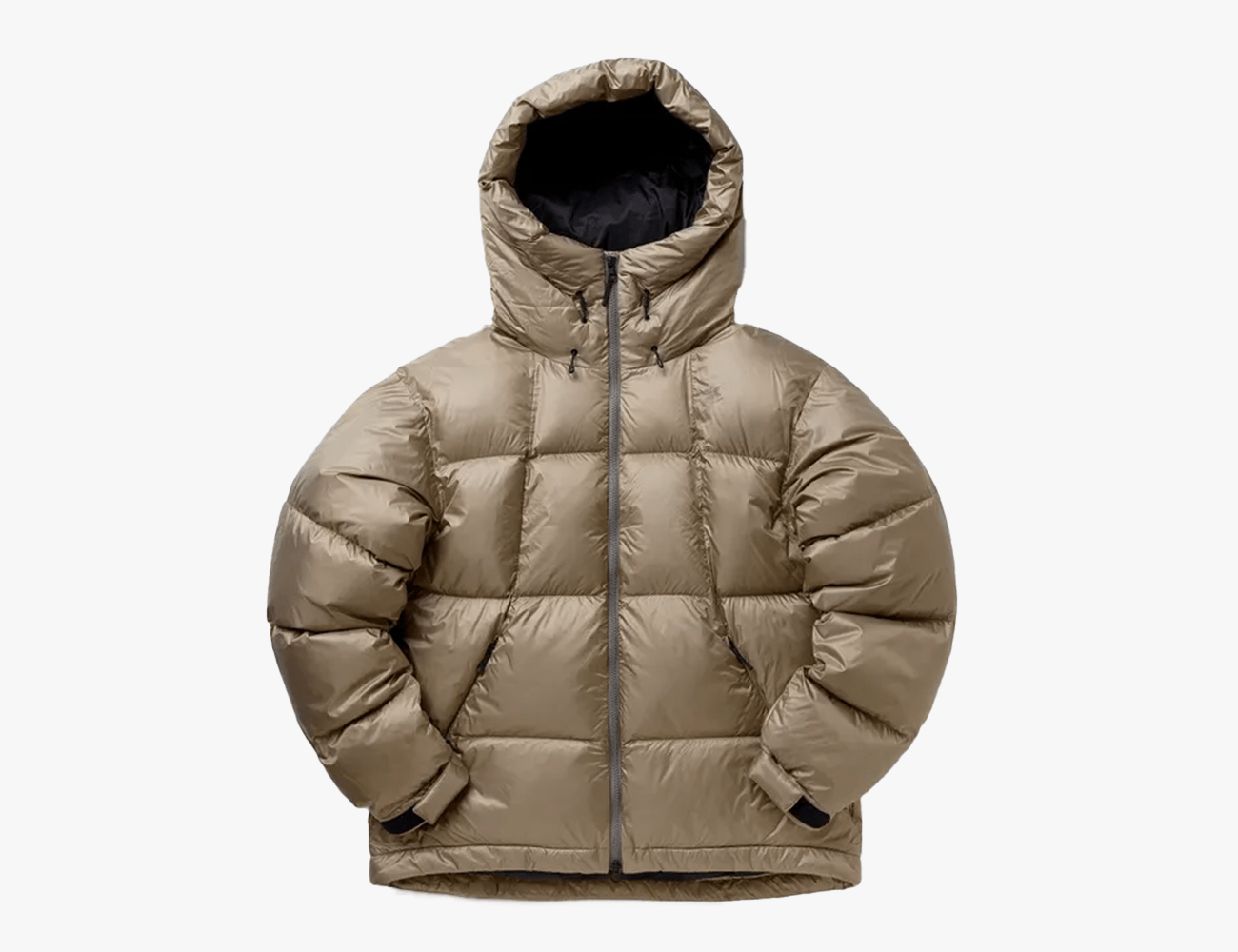 goldwin pertex quantum down puffer jacket in tan on a white background