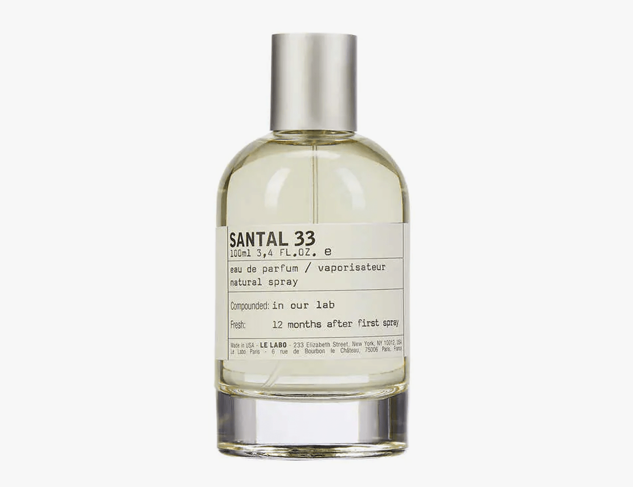 a bottle of le labo santal 33 on a white background