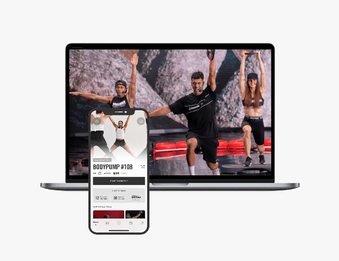 les mills fitness app on desktop and phone