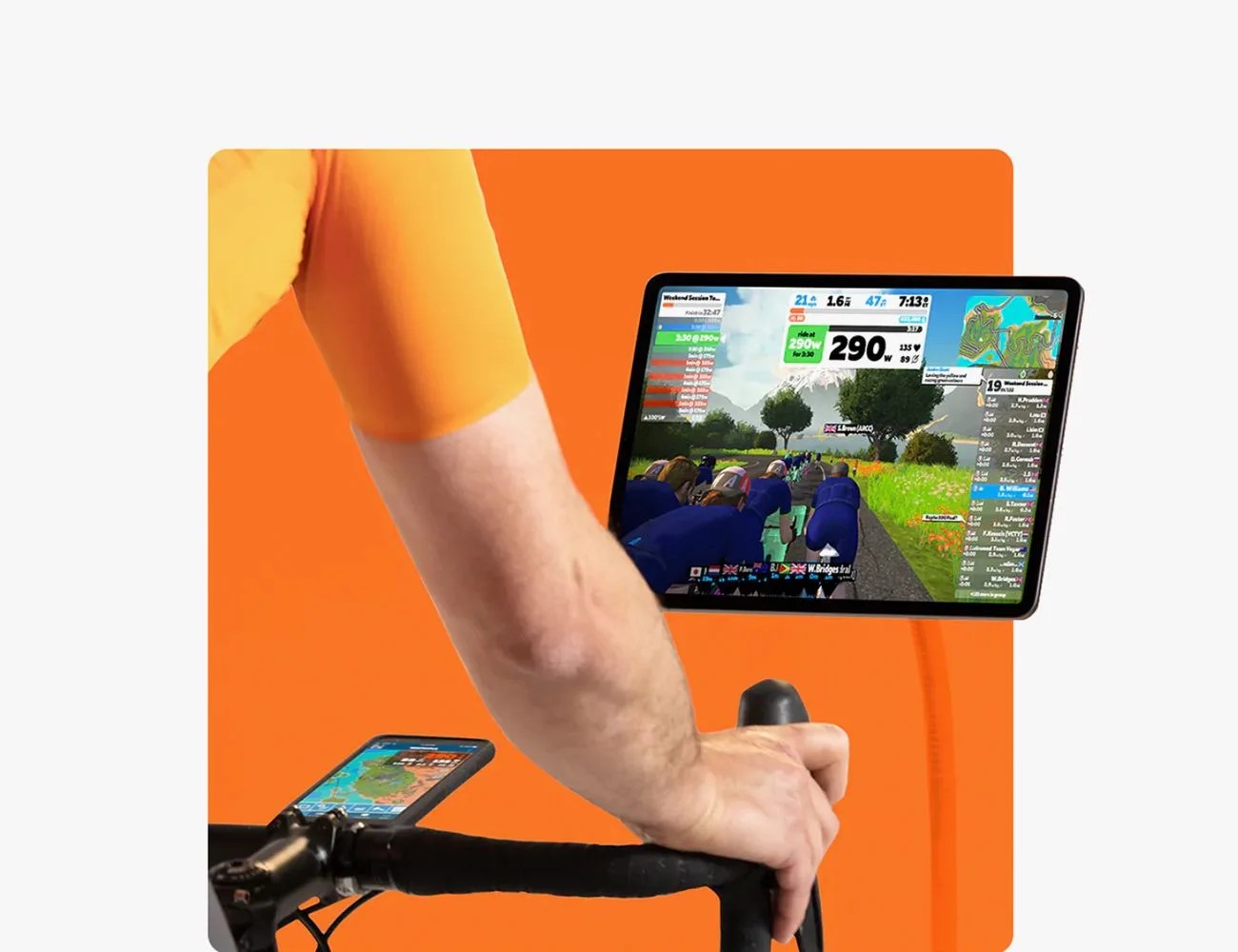cyclist using zwift app on ipad table and phone