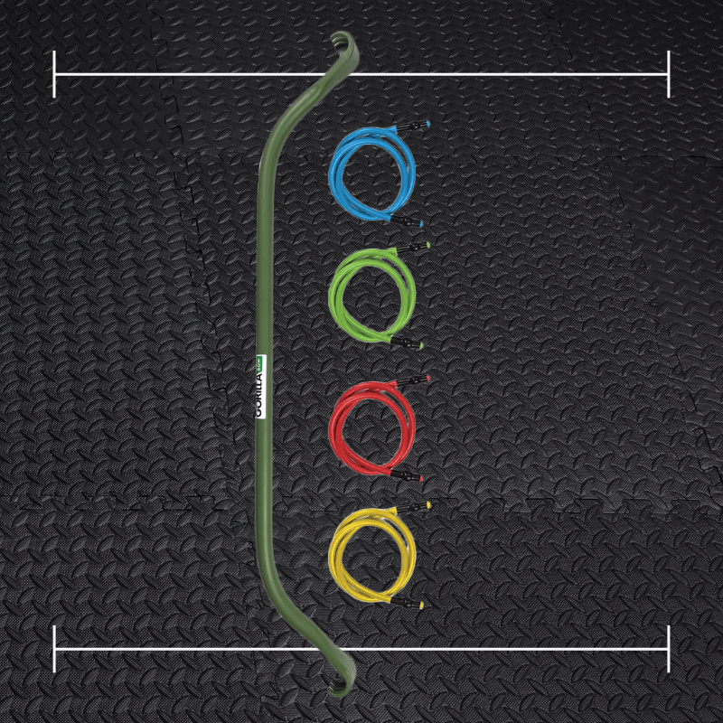 a green gorrila bow with multiple colored bands laid over top a photo of black rubber gym flooring