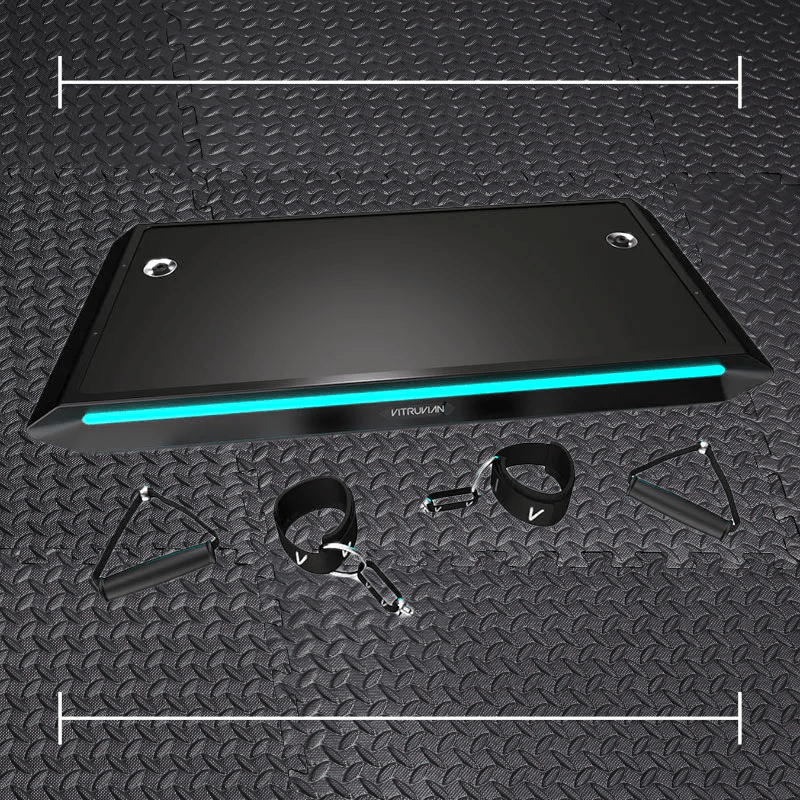 a black vitruvian trainer with blue accents laid over top a photo of black rubber gym flooring