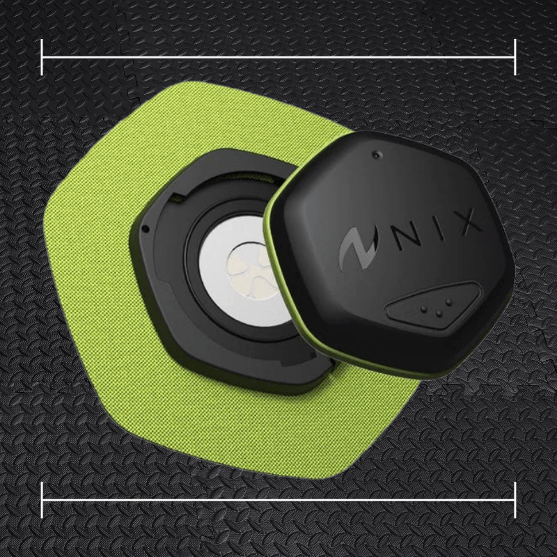 a green nix hydration sensor laid over top a photo of black rubber gym flooring