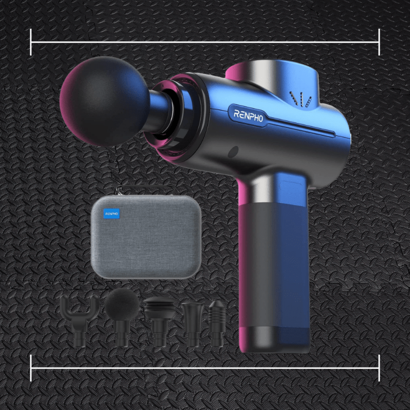 a black renpho massage gun laid over top a photo of black rubber gym flooring