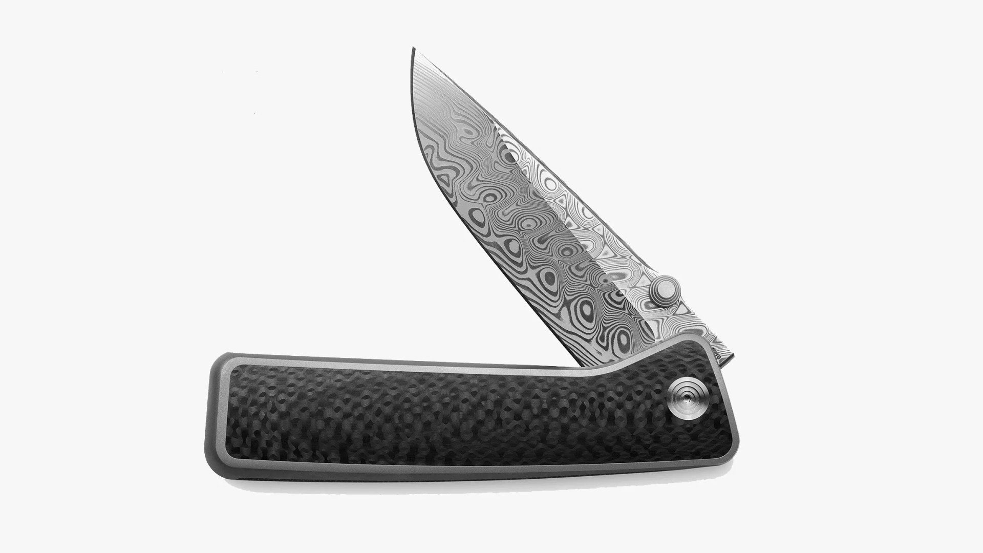 The James Brand The Barnes Knife in Carbon Fiber opened half way on a white background