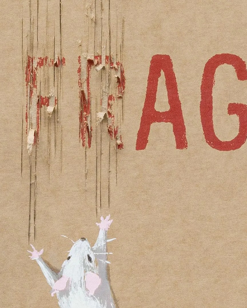legacy of war foundation banksy fragile print with rat scratching word