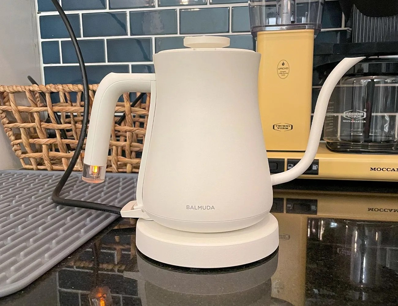 a balmuda gooseneck kettle on a countertop
