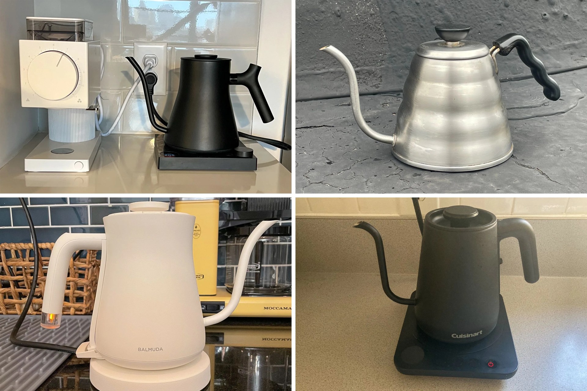 collage of gooseneck tea kettles on countertops