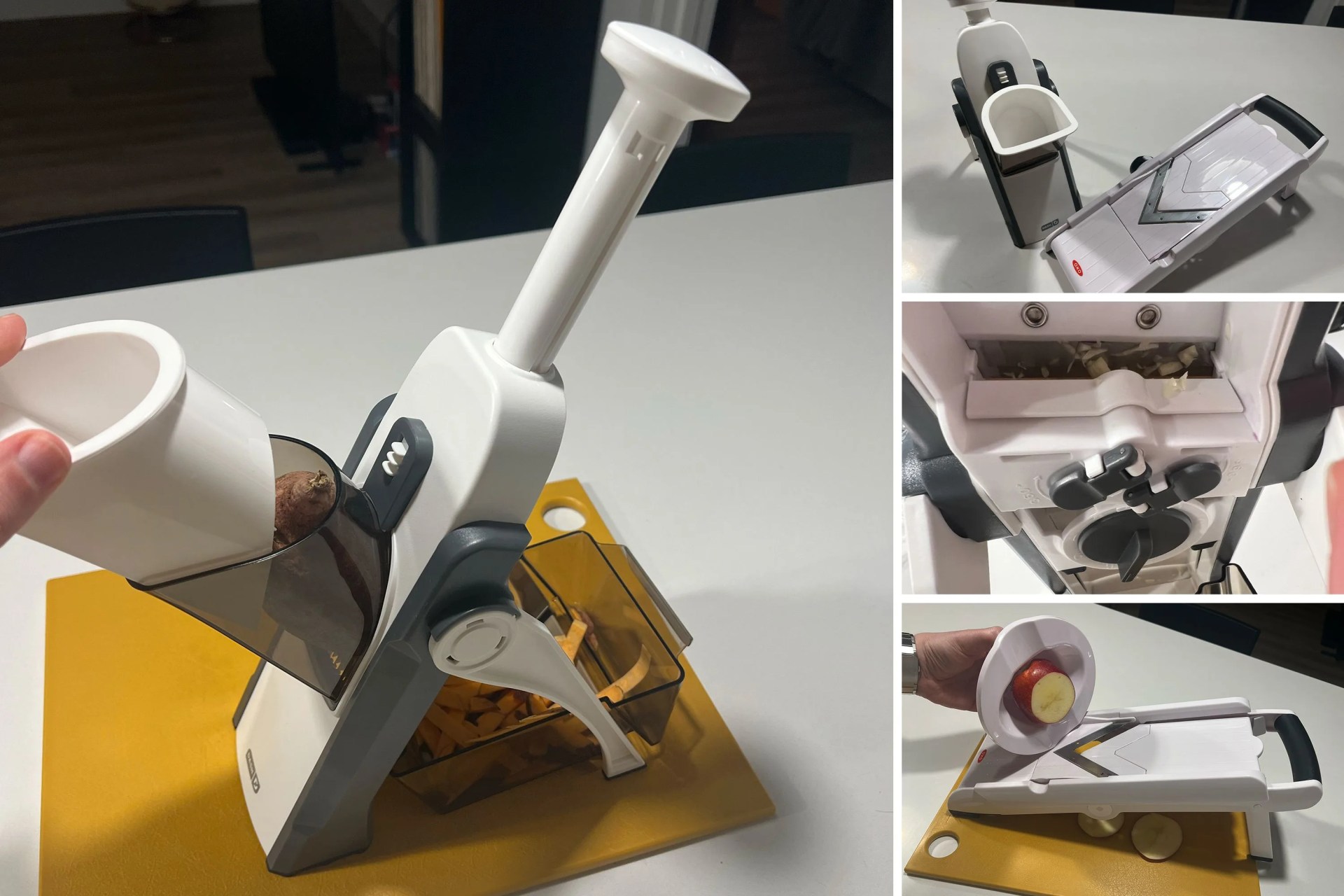 collage of mandoline slicers being tested