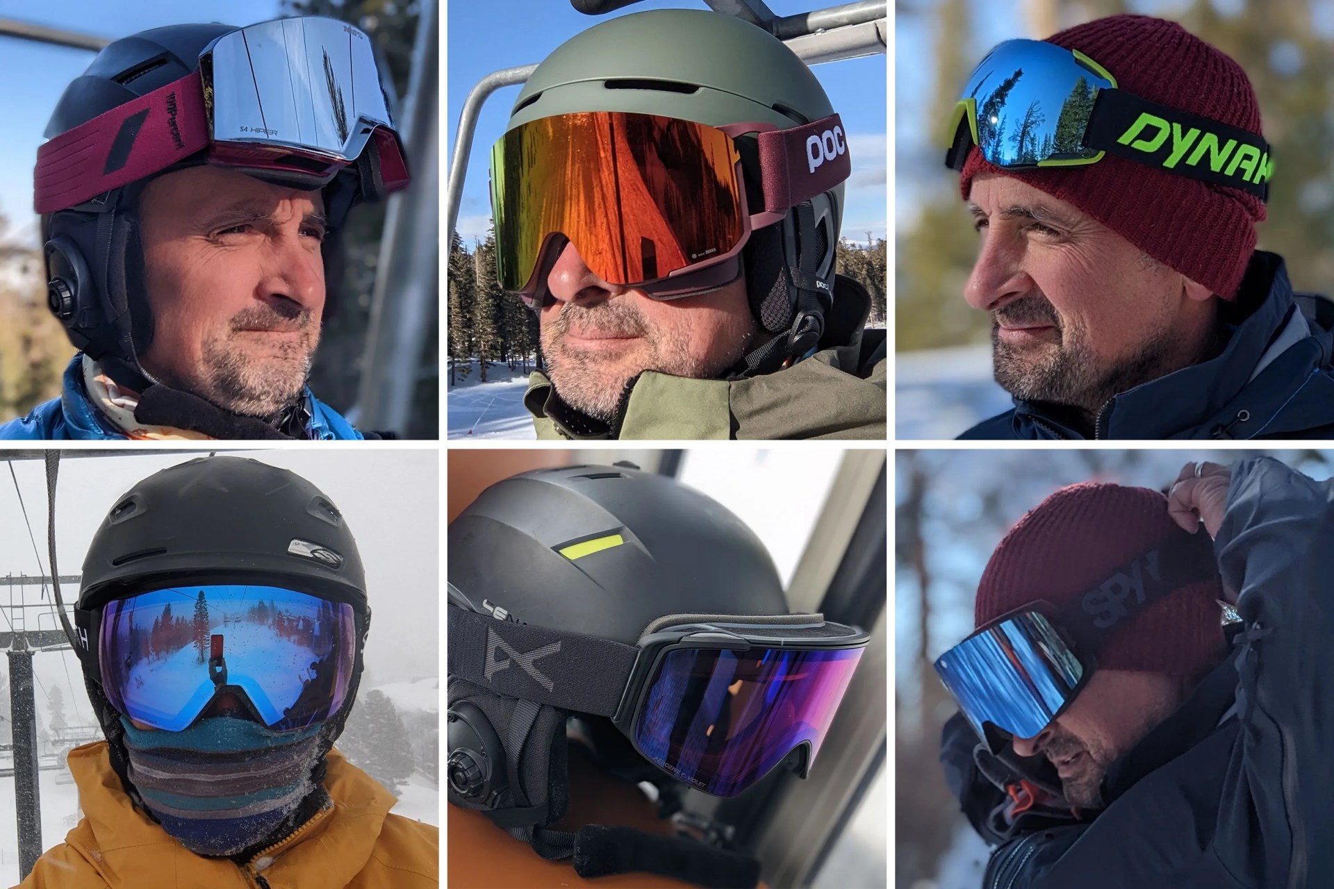 collage of a man wearing different types of ski goggles