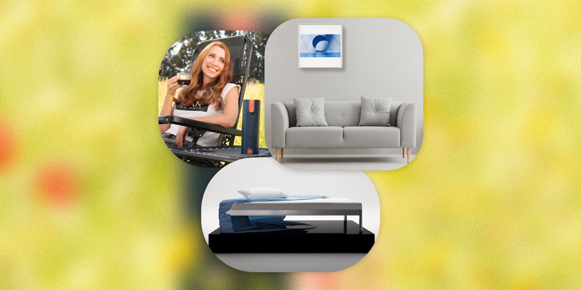 collage of a woman sitting with a thermos and cup of coffee, a couch with framed artwork, and a bedframe