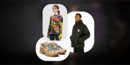 collage of shoes, a woman wearing a long sleeve shirt and a man wearing a jacket