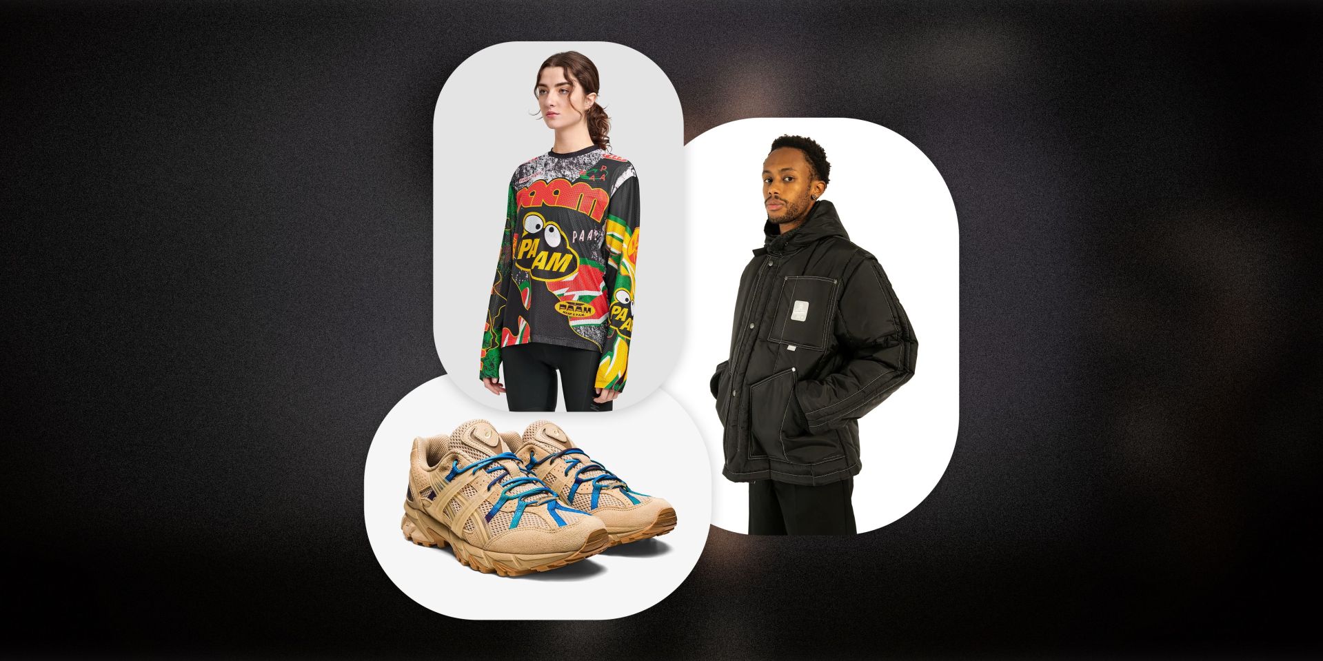collage of shoes, a woman wearing a long sleeve shirt and a man wearing a jacket