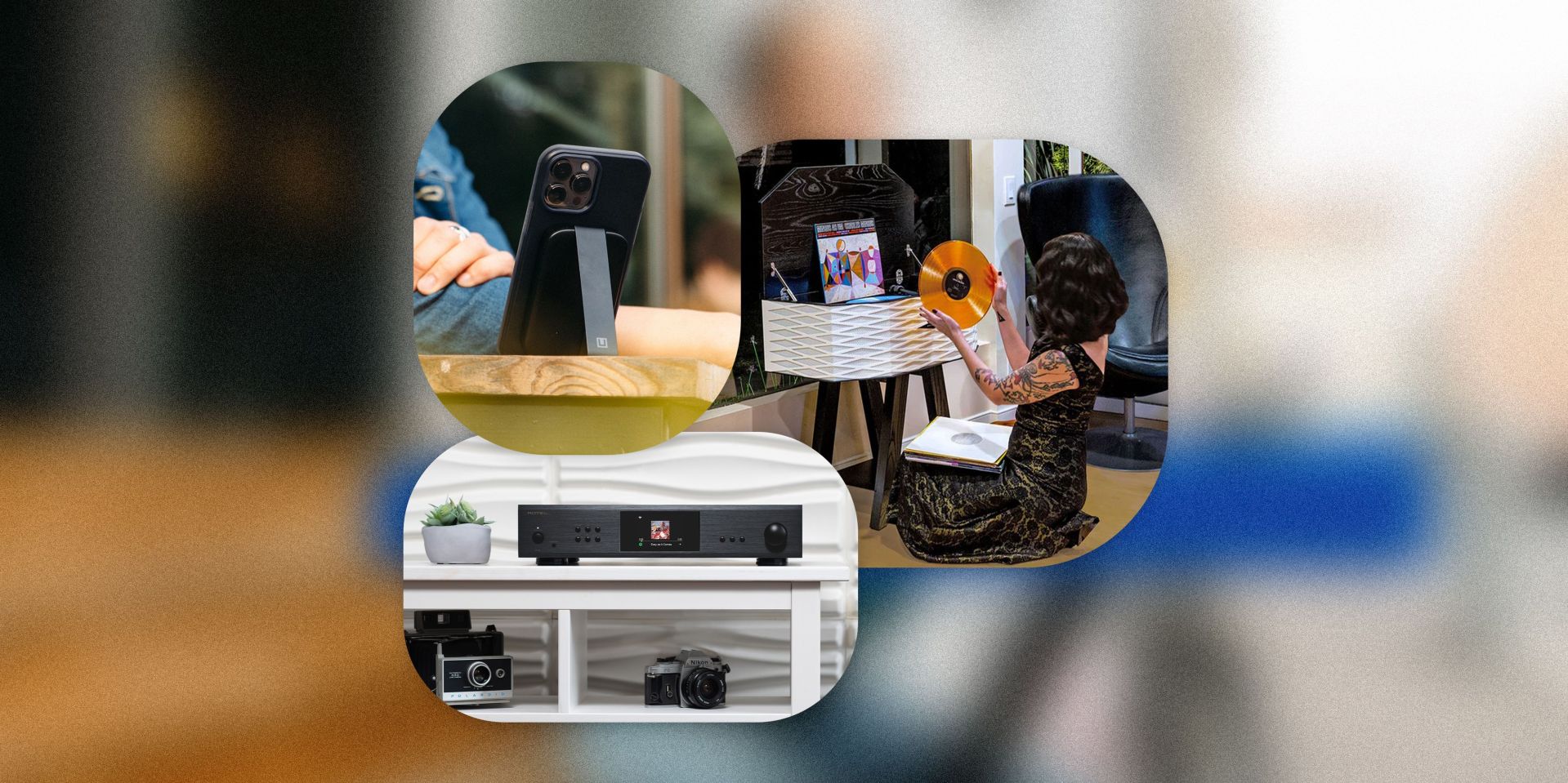 collage of a network streamer on a shelf, a phone case with a kickstand, and a woman putting a record on a record player