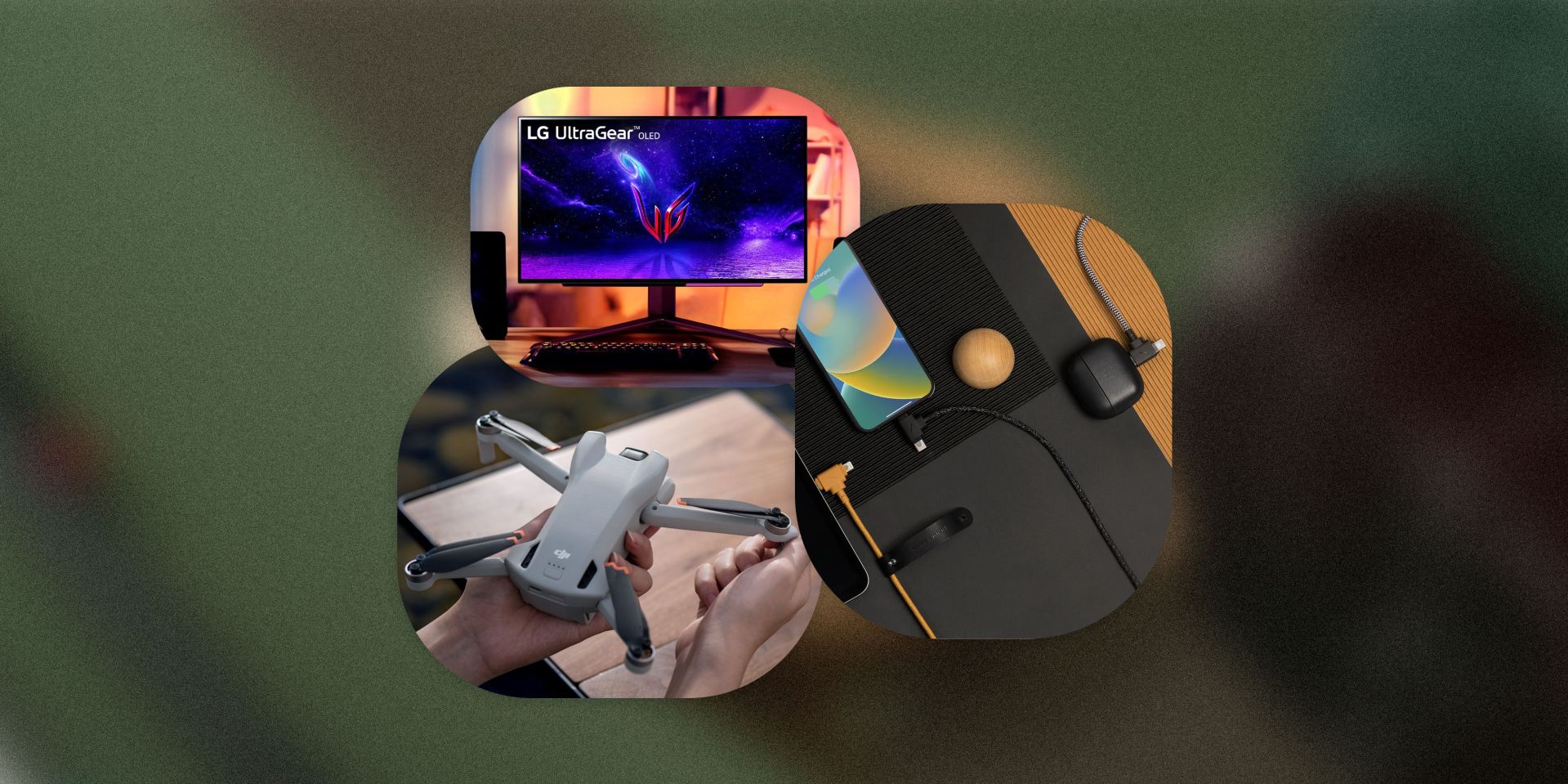 collage of a drone, monitor, and cables plugged into a phone