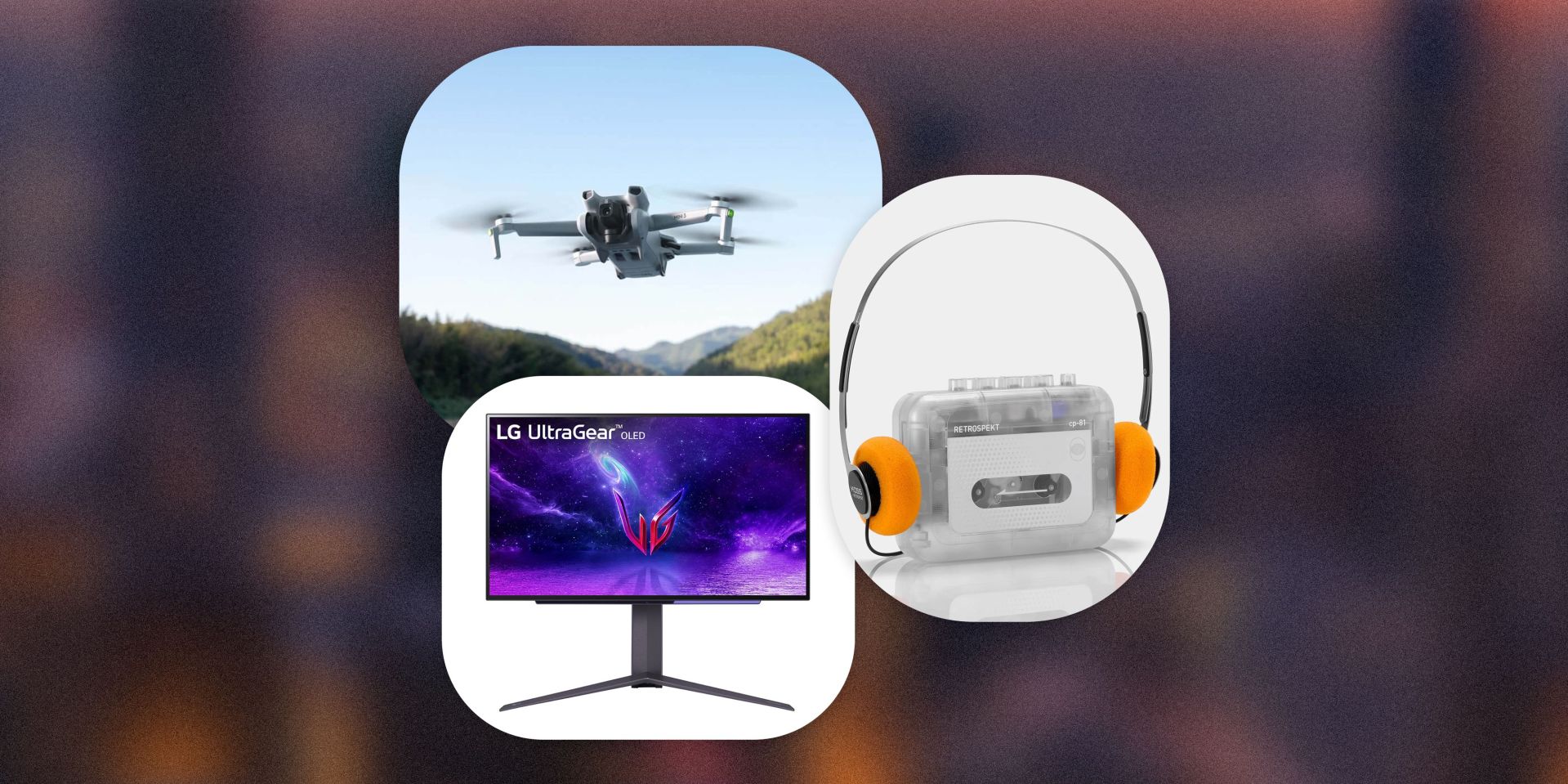 collage of a drone, a tv, and a tape player with headphones