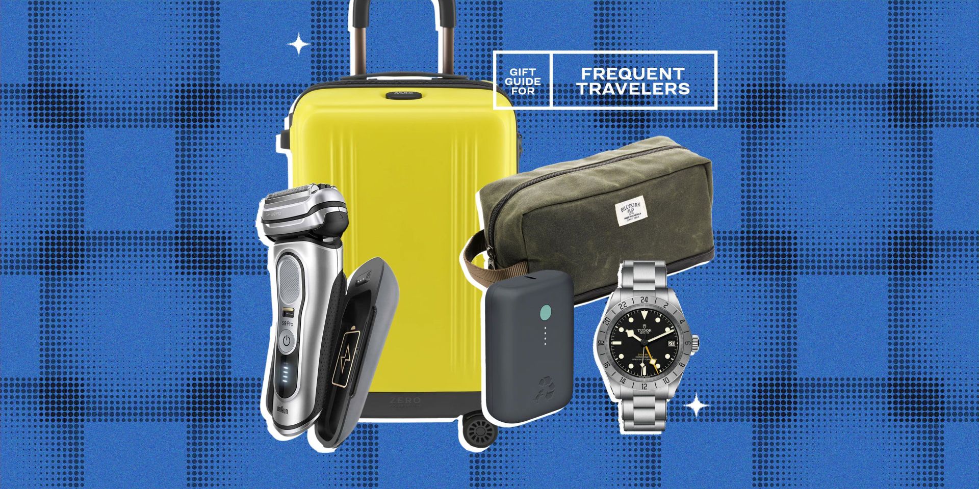 gift guide for frequent travelers, suitcase, watch, bag, charger, and shaver