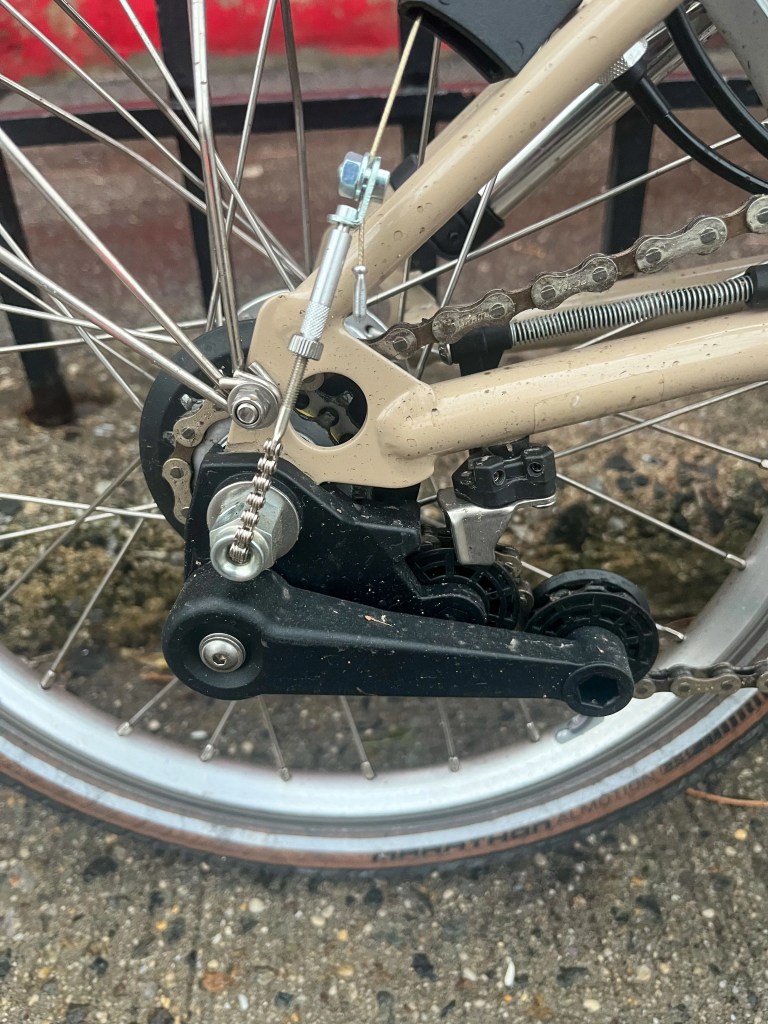 close up of the back tire on a brompton c line explore bike
