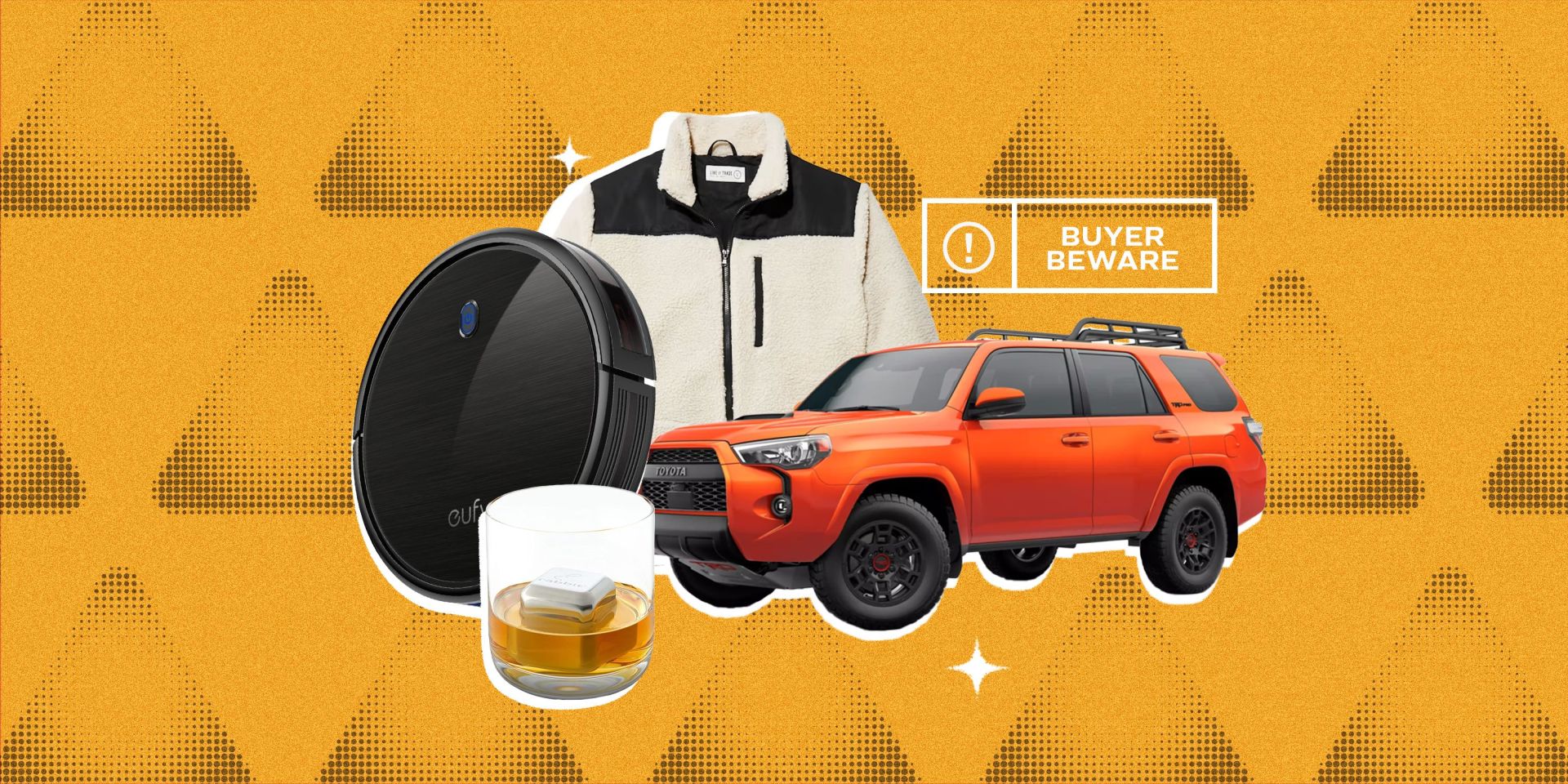 a collage with a roomba, fleece jacket, whiskey glass, and toyota 4 runner