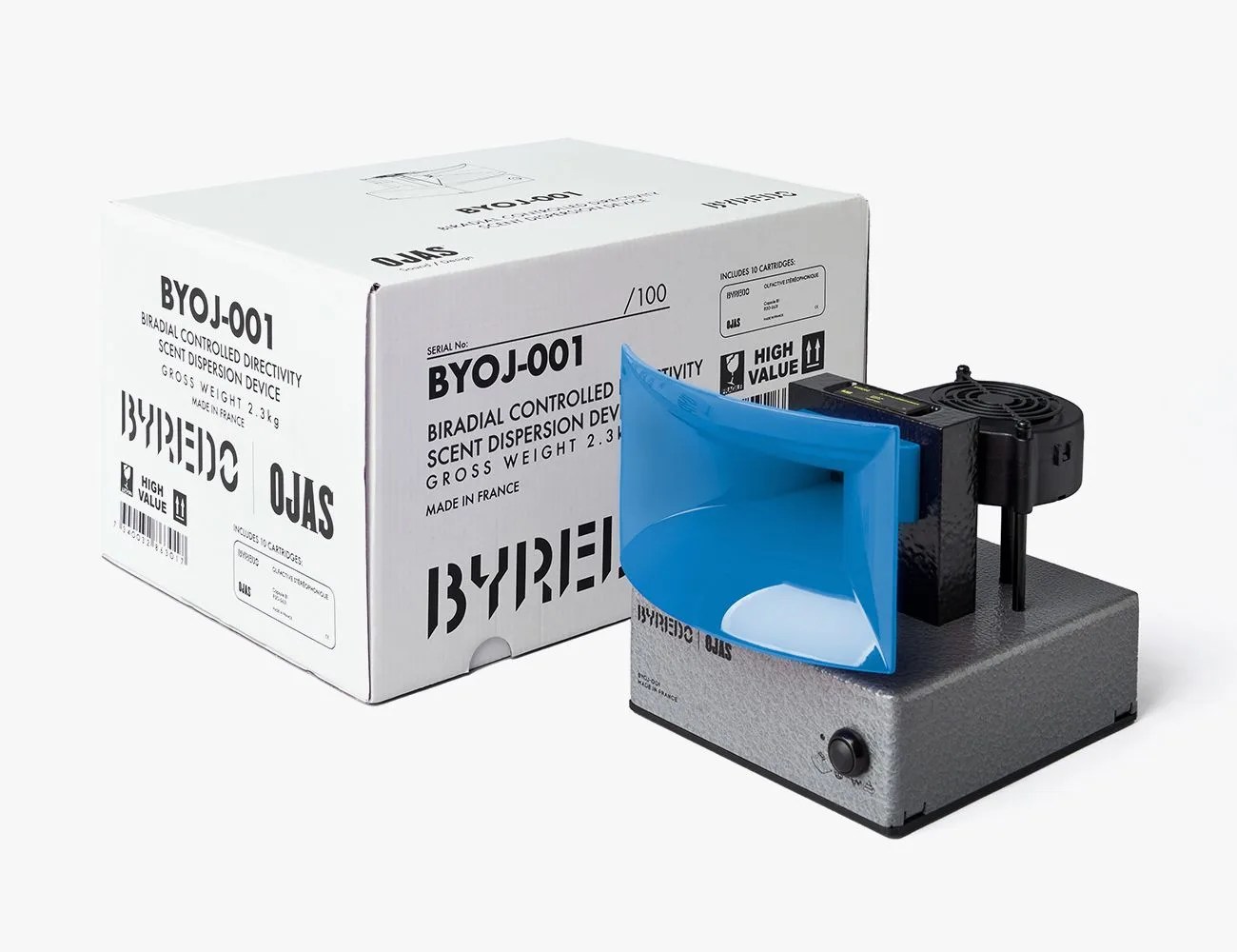 byredo and ojas 'olfactive stereophonique' blue horn diffuser