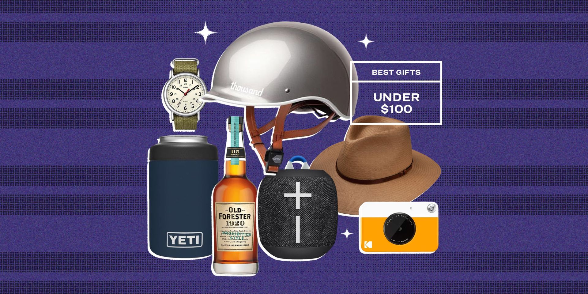 collage of a watch, a helmet, a yeti colster, a bottle of whiskey, a speaker, a stetson hat, and a polaroid camera