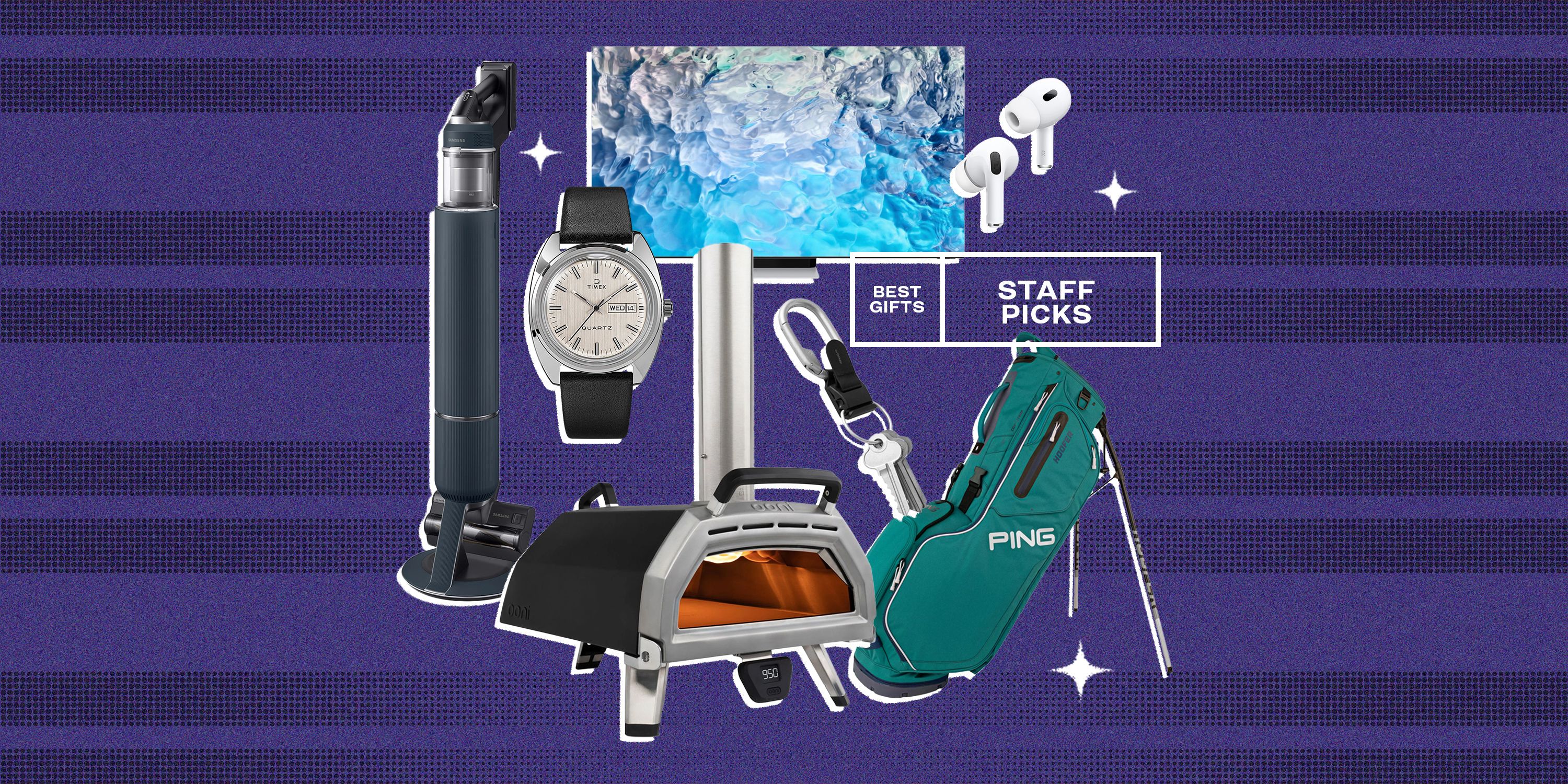collage of a vaccuum, a pizza oven, a watch, a tv, a keychain, airpods, and a golf bag
