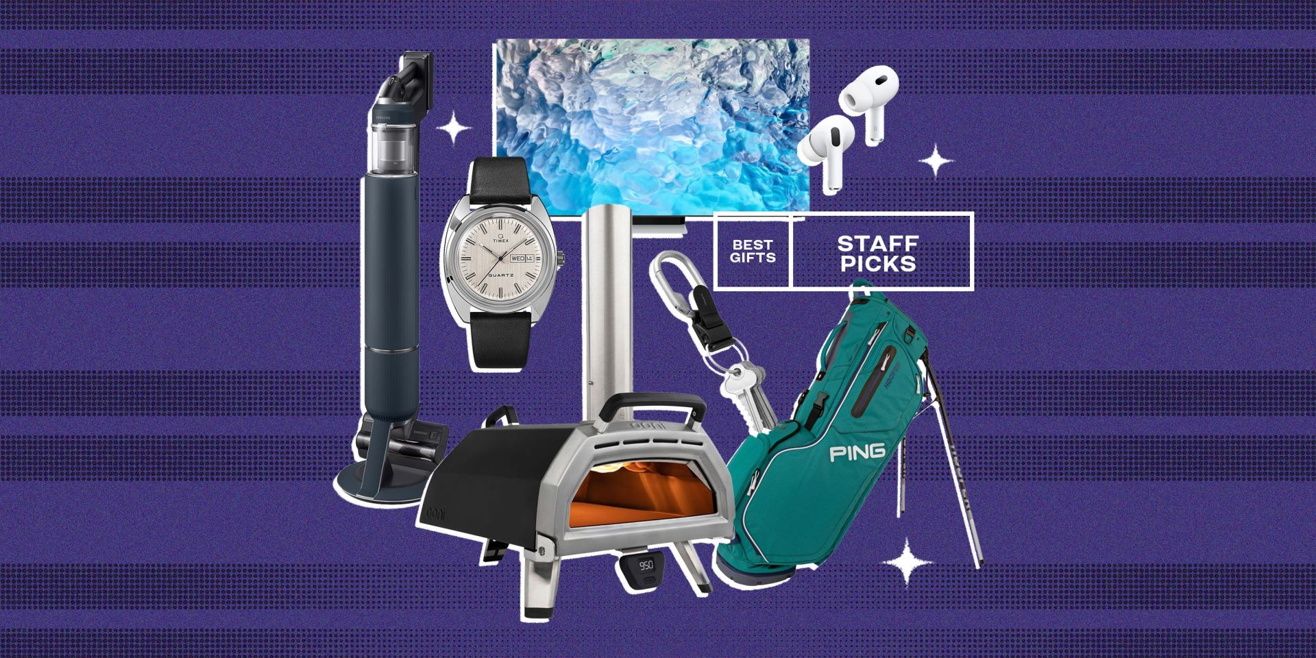 collage of a vaccuum, a pizza oven, a watch, a tv, a keychain, airpods, and a golf bag