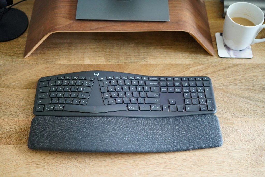 logitech ergonomic keyboard on a desk