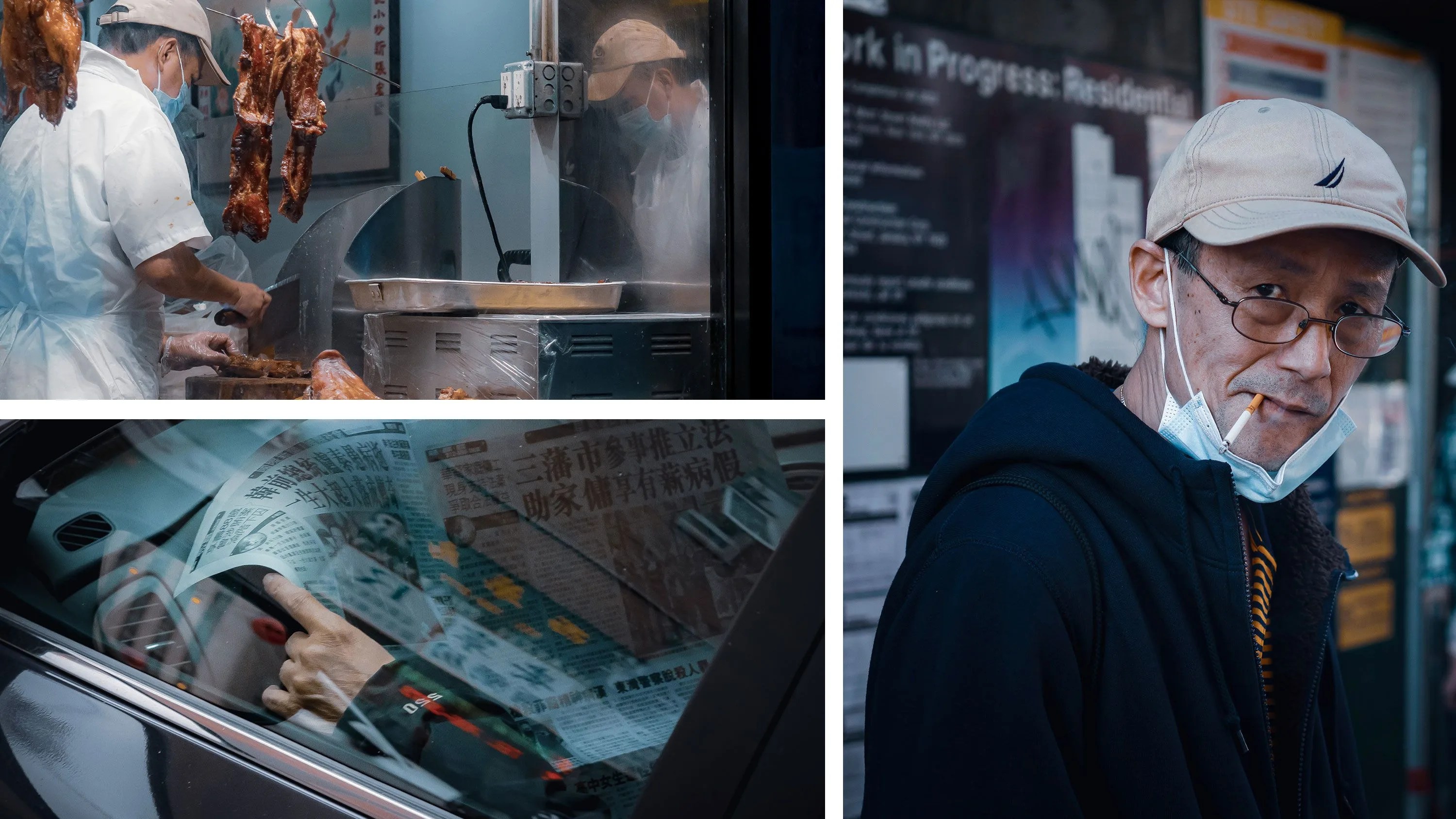 man cooking duck in back of restaurant, person reading newspaper in car, older man smoking cigarette