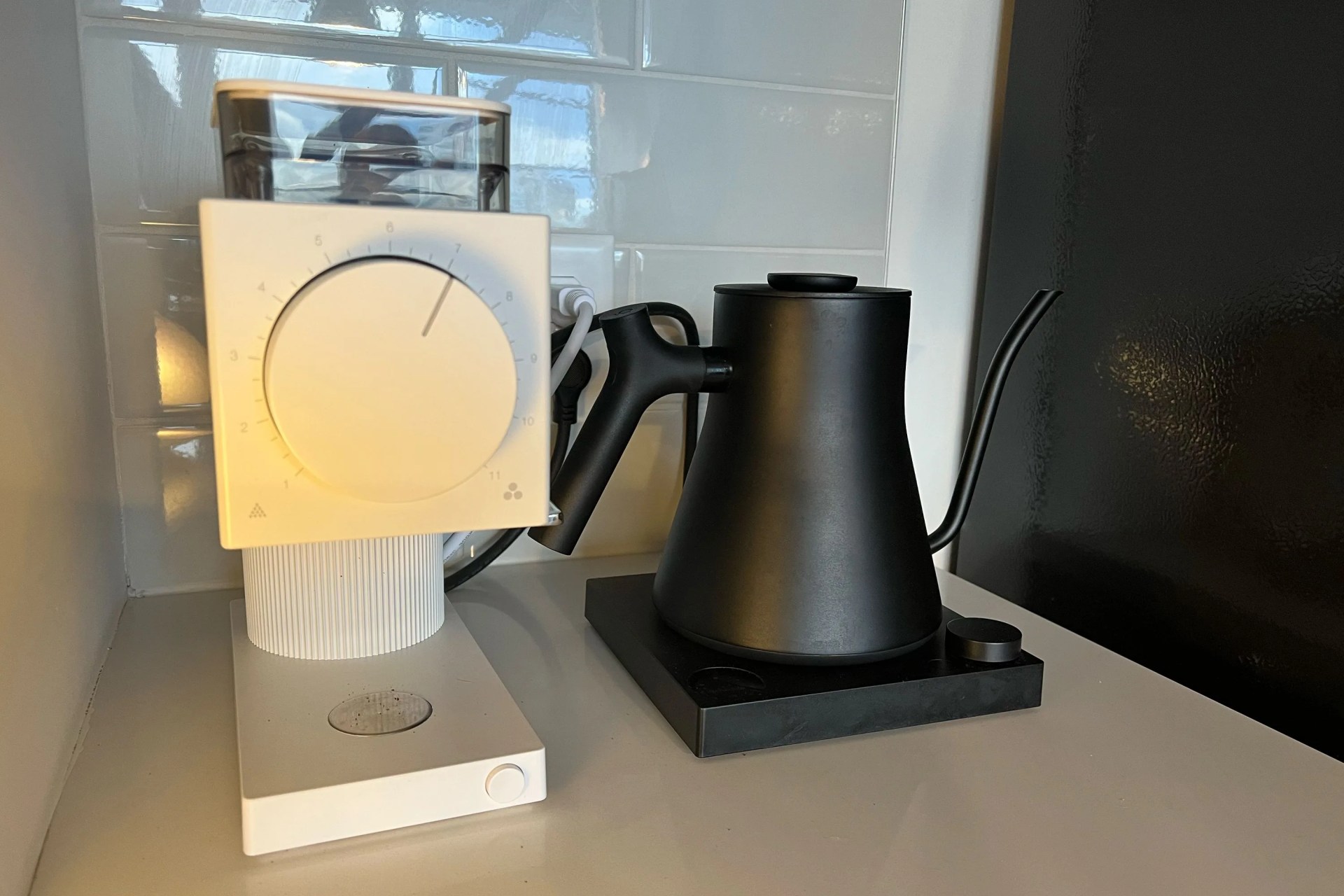 stagg ekg pro kettle and ode grinder 2 on a countertop