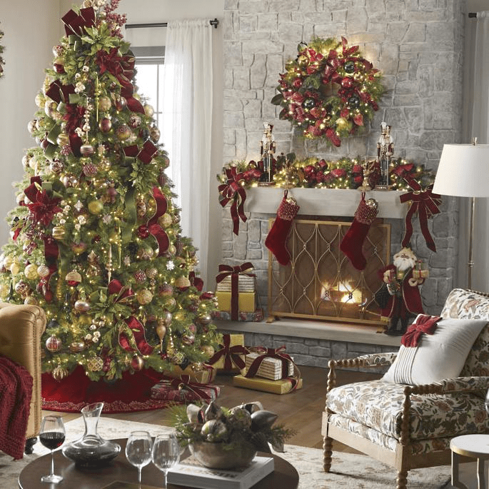christmas tree and fireplace