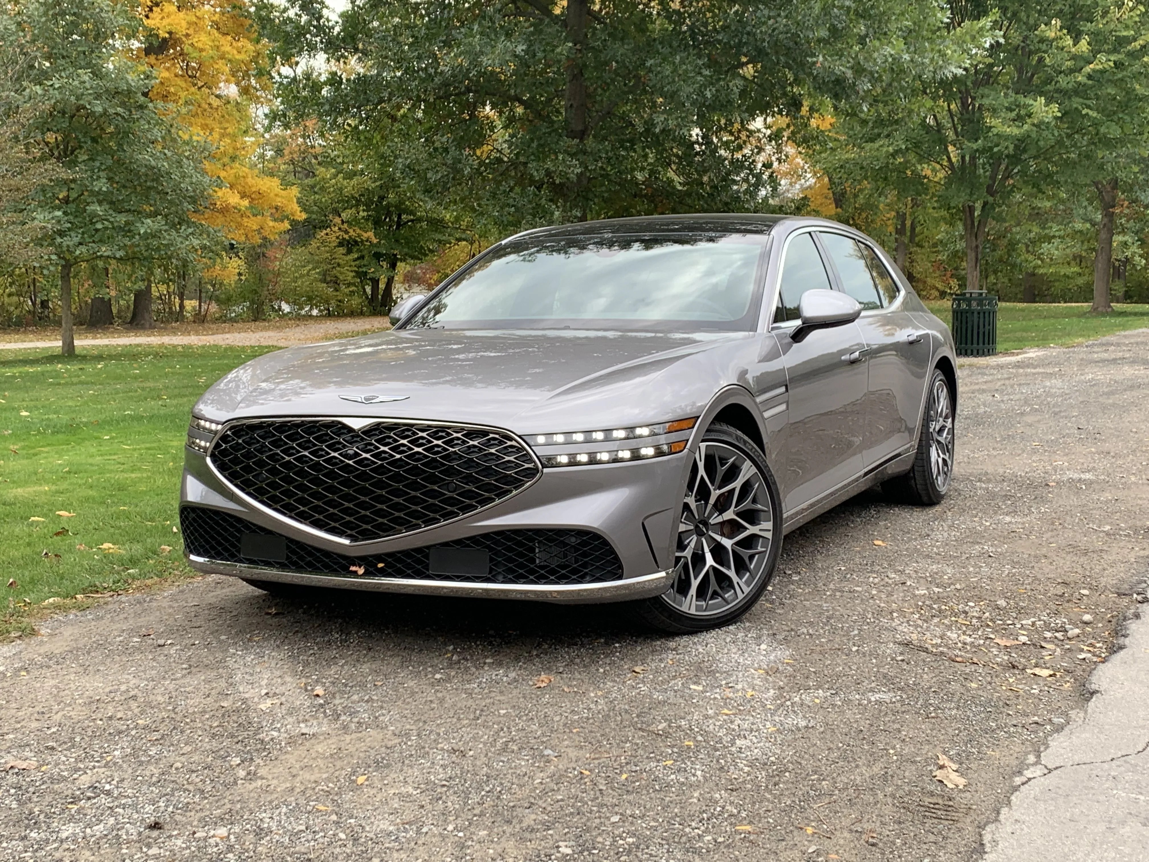 genesis g90 parked on side of the road next to a park
