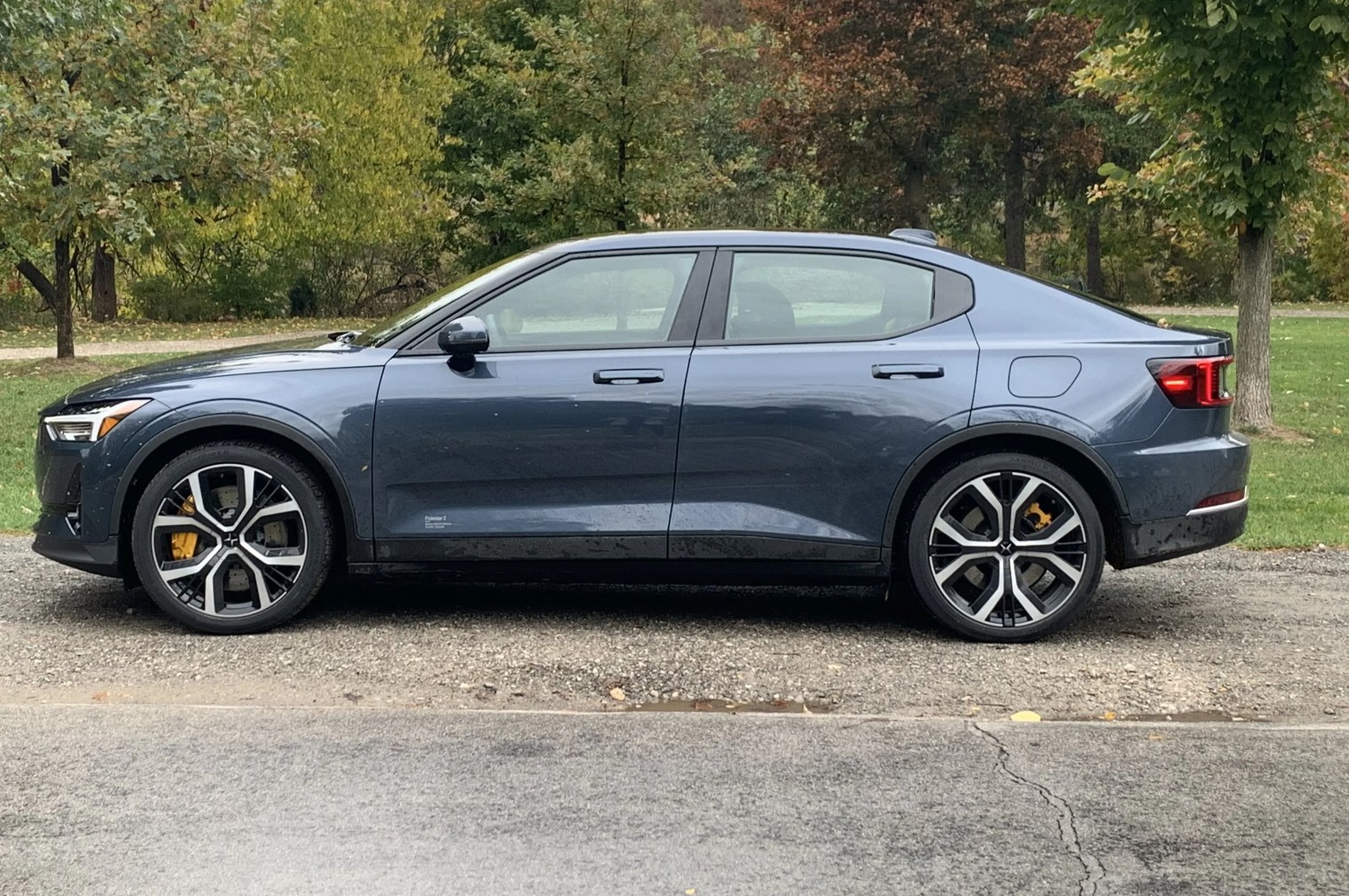 polestar 2 parked on side of the road next to a park with trees in the background