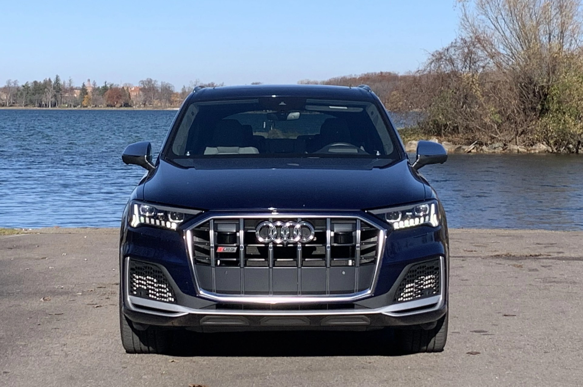 audi sq7 from the front parked on a boat launch